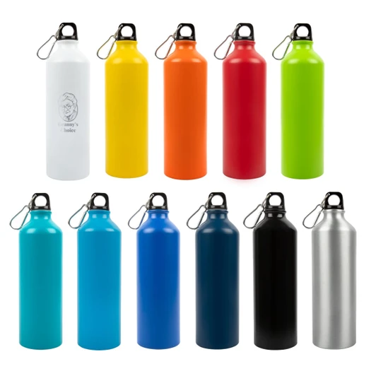 A drink bottle collection featuring various colours including white, yellow, orange, red, green, blue, navy, black, and silver, each with a logo.