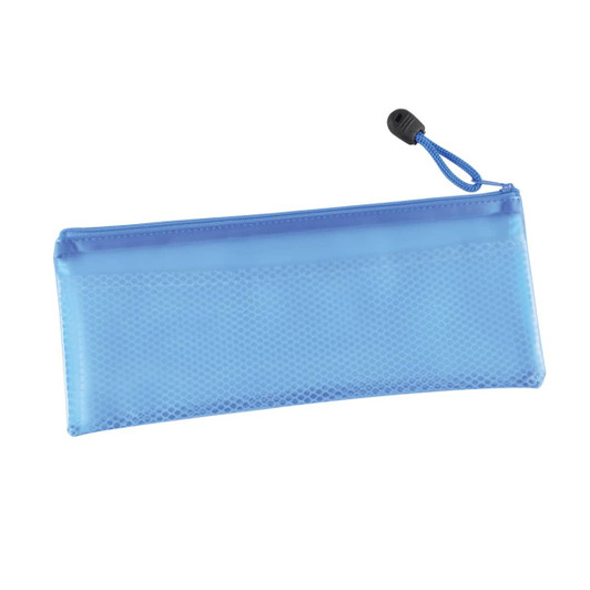A blue pencil case with a textured design and a zip closure, featuring a matching cord.