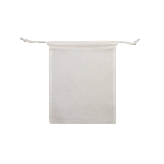 A white drawstring pouch with a simple design and a cord closure, suitable for various small items.