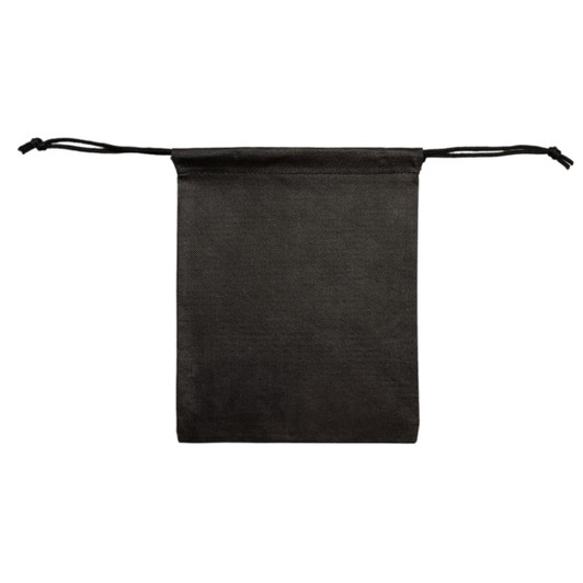A black drawstring pouch with a simple design and drawstring closure, featuring a logo.
