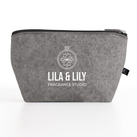 A grey felt pouch featuring a logo, ideal for organising toiletries and accessories.