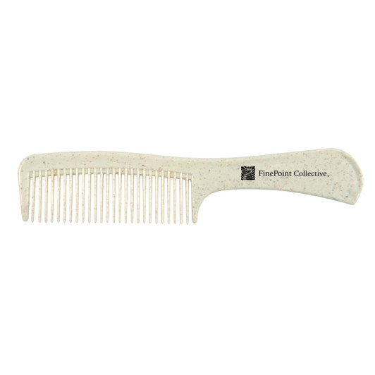 A white comb with a textured finish and a logo on the handle.