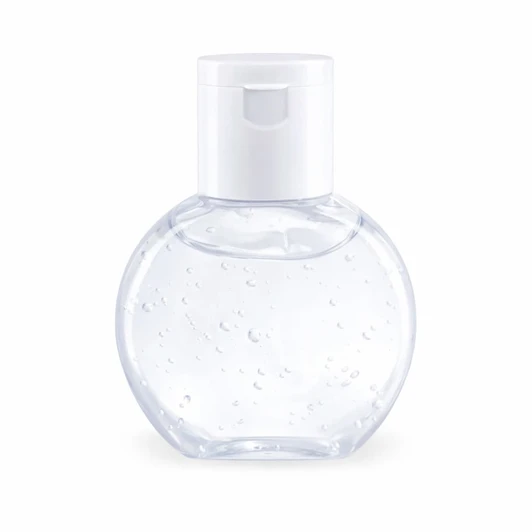 A clear, round bottle of gel hand sanitiser with a white pump top. The gel contains small bubbles.