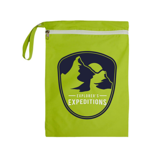 A bright green bag featuring a logo with mountains and the text "Explorer's Expeditions" on the front.
