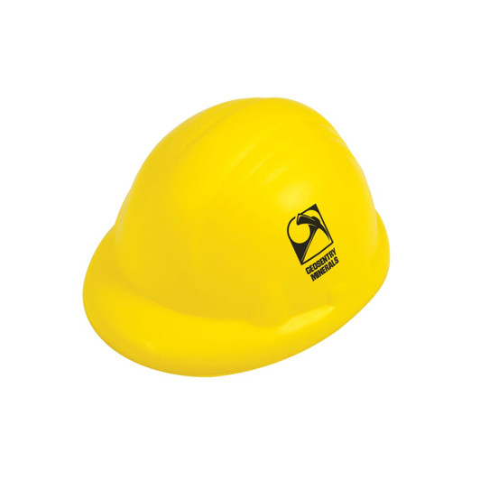 A yellow hard hat stress reliever with a black logo. Suitable for stress relief and fun.