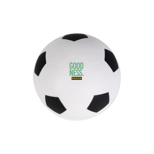 A white soccer ball stress reliever with black patches and a logo on one side.