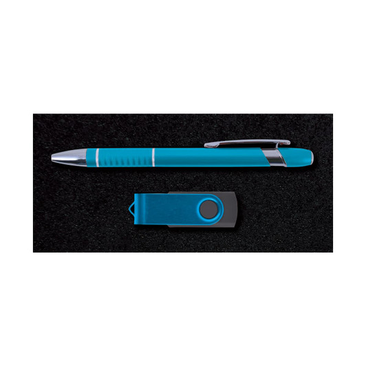 A turquoise pen and a matching USB flash drive, presented in a black gift box with a logo.