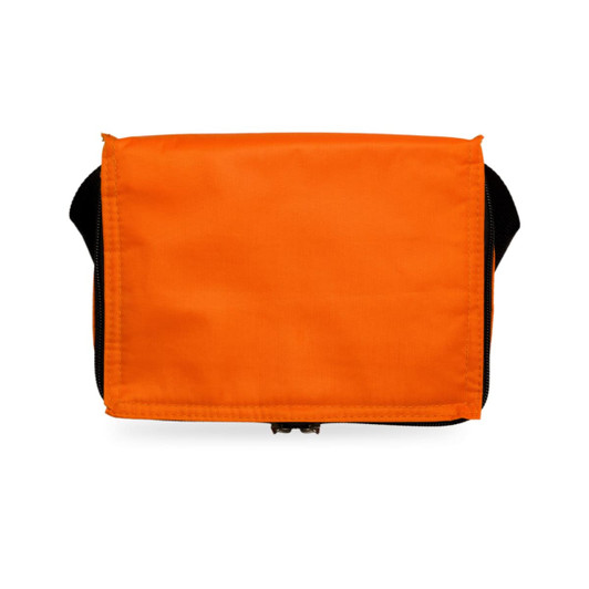 An orange zippered bag featuring a solid front design, suitable for carrying various items.