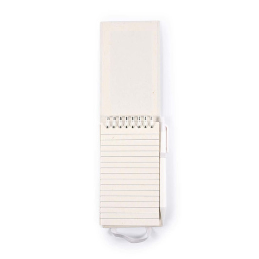 A notepad with a spiral binding and lined pages, accompanied by a pen, in a light color.