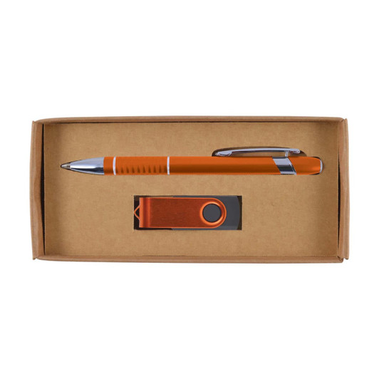 A cardboard gift set featuring an orange pen and a matching USB flash drive, neatly presented in a brown box.