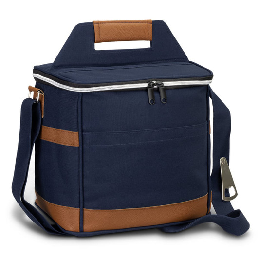 A navy blue cooler bag with a brown accent, featuring a zip closure and a removable shoulder strap.