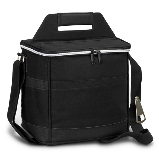 A black cooler bag with a zippered top, a carry handle, and a detachable shoulder strap. It features a logo on the front.