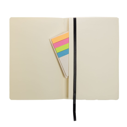 A recycled leather notebook in cream color with a black ribbon bookmark and colorful sticky notes inside.