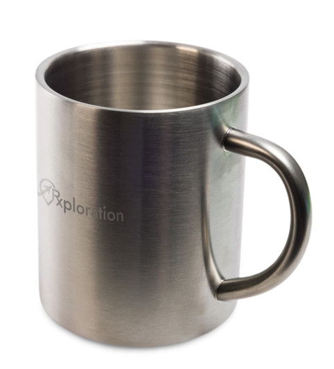 A stainless steel coffee mug with a sleek finish and a handle, featuring the logo "Exploration" on its side.