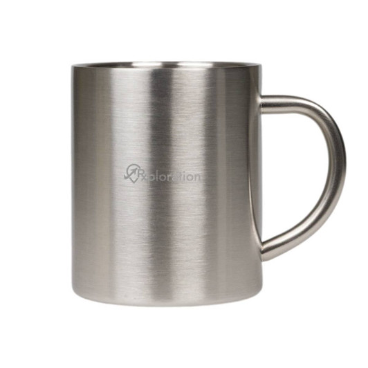 A stainless steel coffee mug with a brushed finish and a sturdy handle. It features a logo.