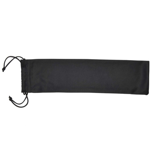 A black microfibre drawstring pouch is displayed, featuring drawstrings on either end for secure closure.