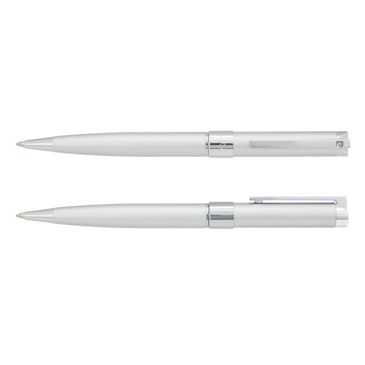 A silver and white metal pen set featuring a sleek design and a clip. Includes one capped and one retractable pen.