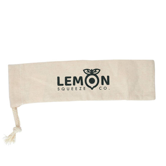 A cream-coloured drawstring pouch with a logo, featuring a rope closure.