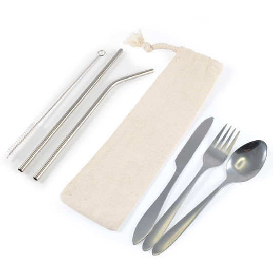 A stainless steel cutlery and straw set in a calico pouch, featuring a fork, knife, spoon, and two straws.