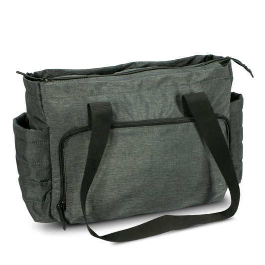 A dark grey tote bag with shoulder straps and side pockets, featuring a zip closure and a textured design.