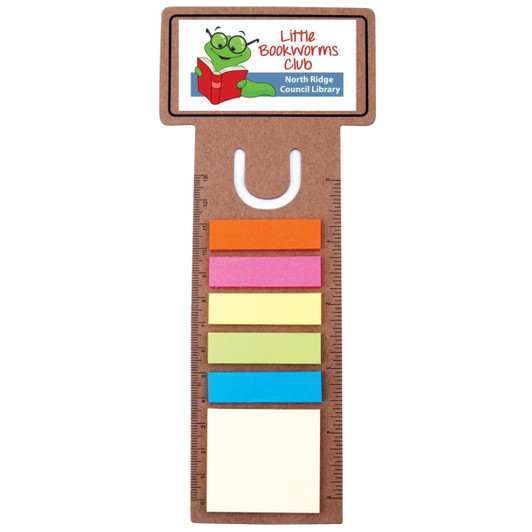 A promotional business card bookmark with a ruler, featuring colorful sticky notes and a logo at the top.