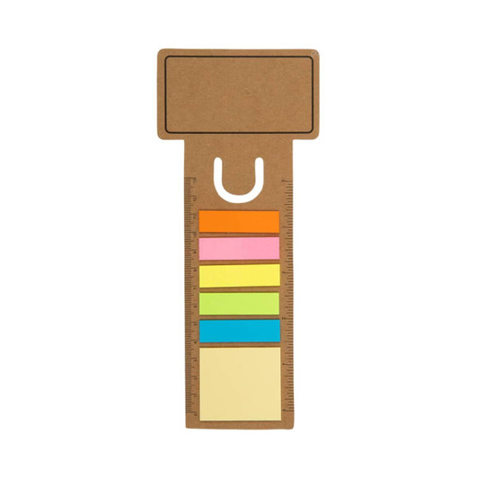 A business card bookmark with a ruler design, featuring multicoloured noteflags and a brown cardboard texture.