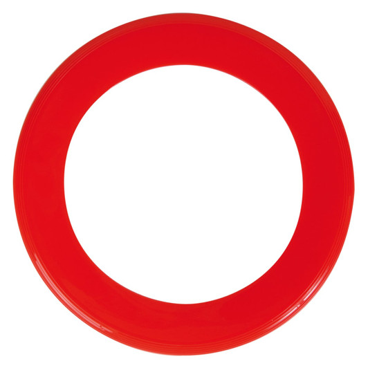 A red donut-shaped flyer designed for promotional use.