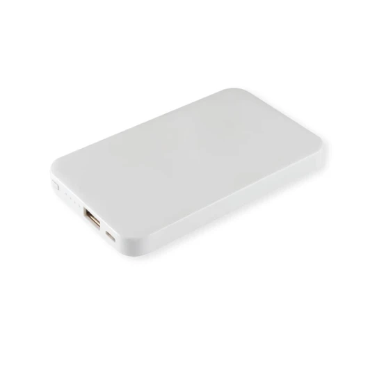 A rectangular white wireless power bank with a USB port and a small logo on the side.