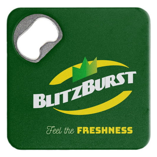 A green bottle opener coaster featuring a metal opener and a logo design.