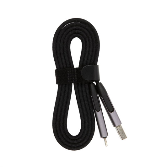 A black charging cable with a braided design and dual connectors, secured with a Velcro strap.
