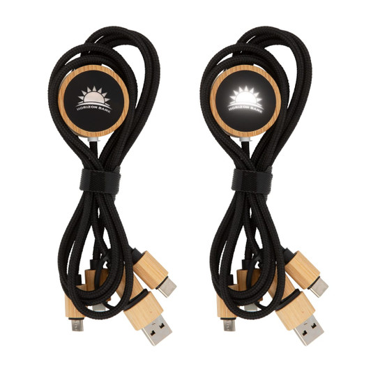 Two black charging cables with wooden accents, coiled and secured with a black band. Each has a logo.
