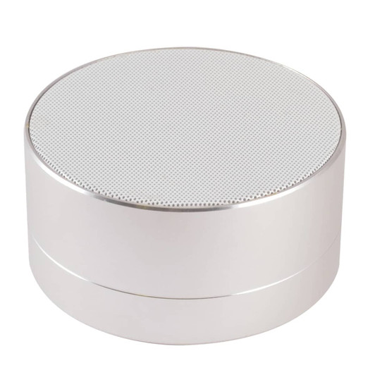 A Bluetooth speaker featuring a sleek, round design with a silver finish and a textured speaker surface.