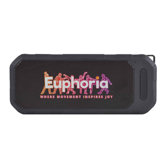 A black water-resistant speaker with a colourful logo and buttons on one side.