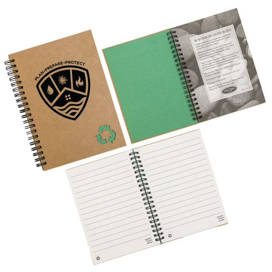 A stone paper notebook with a brown cover, spiral binding, and green interior pages. Features a logo.