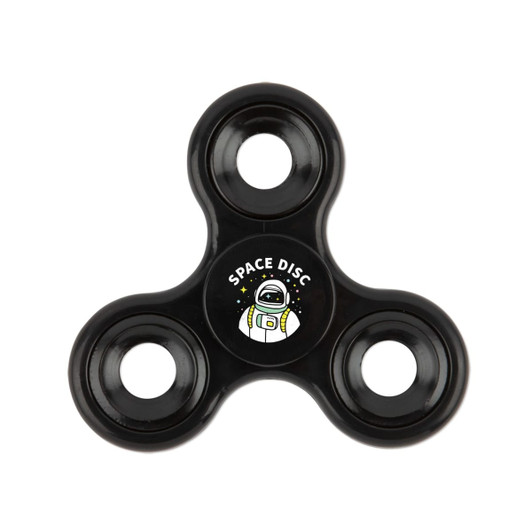 A black fidget spinner featuring a graphic of an astronaut and the text "SPACE DISC" at the center.