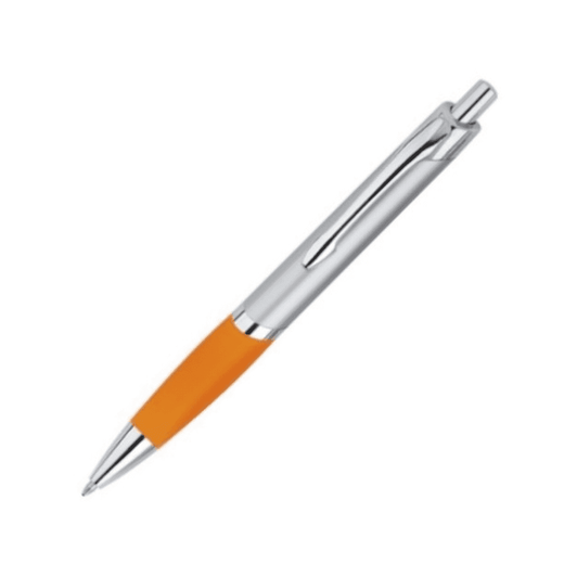 An orange plastic pen with a chrome barrel and clip, featuring a sleek design.