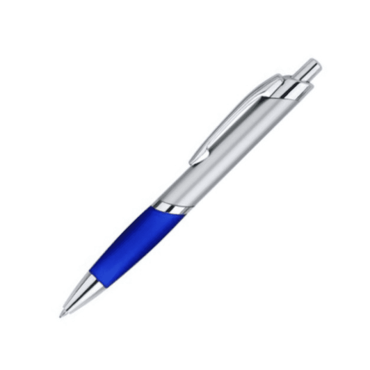 A silver and blue plastic pen with a shiny finish and a sleek design, featuring a branding logo.
