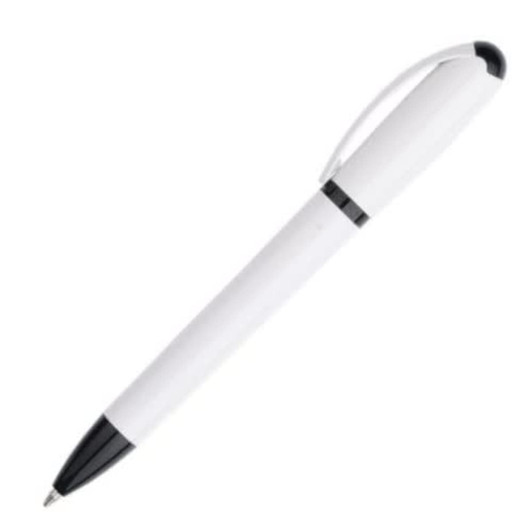 A plastic pen in white with black accents and a clip, featuring a logo on the body.