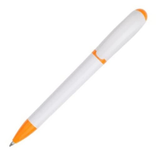 A plastic pen featuring a white body with orange accents and a clip at the top. It has a simple design.