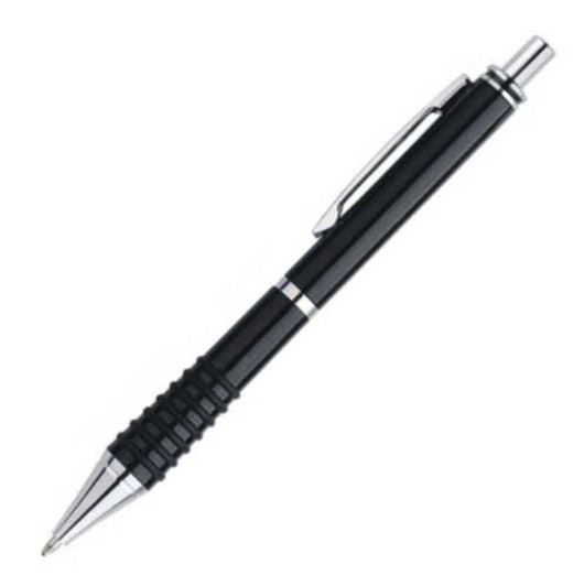 A black plastic pen with chrome accents and a textured grip, featuring a logo.