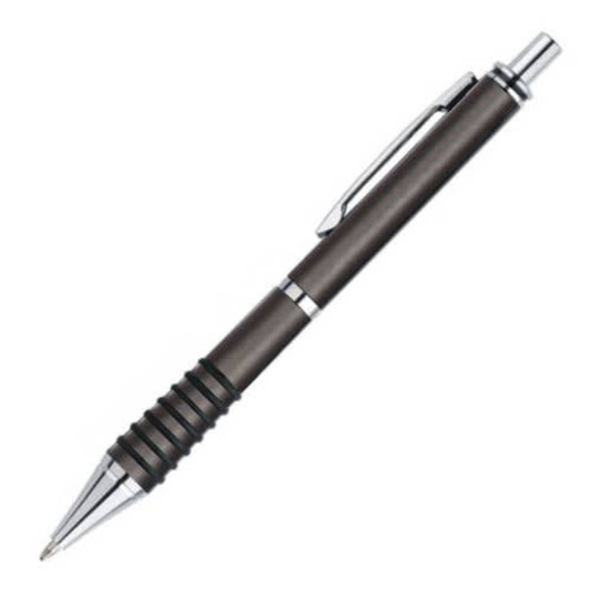 A plastic pen in dark grey with a chrome clip and a ribbed grip. It features a logo on the barrel.