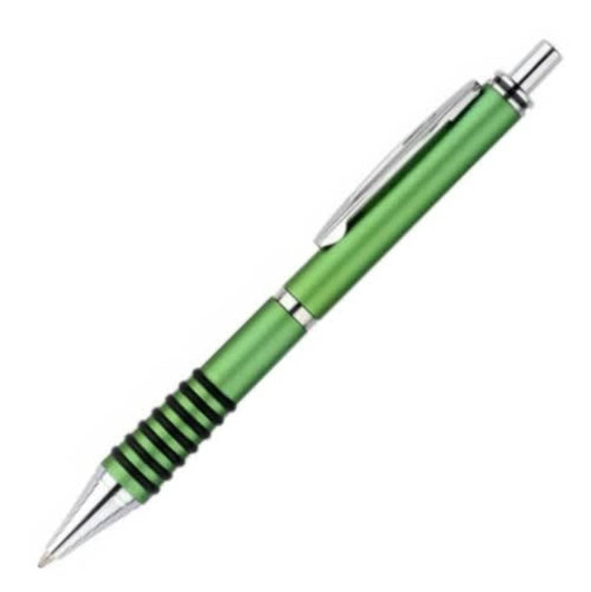 A green plastic pen with a sleek design and silver accents, featuring a clip and ribbed grip.
