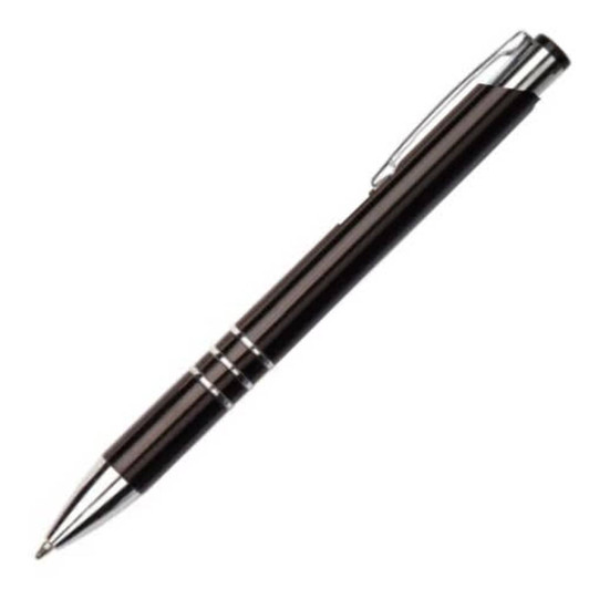 A black plastic pen with a silver clip and decorative bands, featuring a logo.