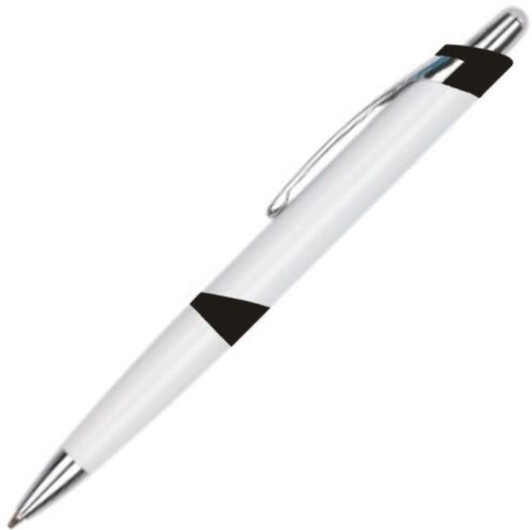 A plastic pen featuring a white body with black accents and a silver clip. It has a sleek design and a logo.