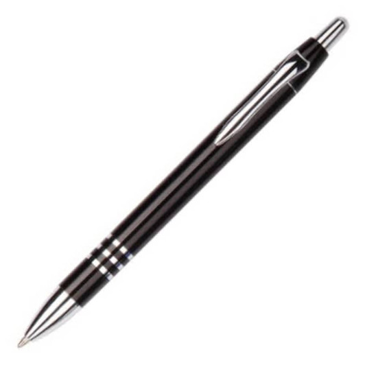 A black plastic pen with chrome accents and a clip, featuring a sleek design and a branding logo.