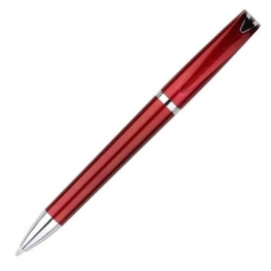A red plastic pen with a glossy finish and silver accents. The pen features a branding logo.