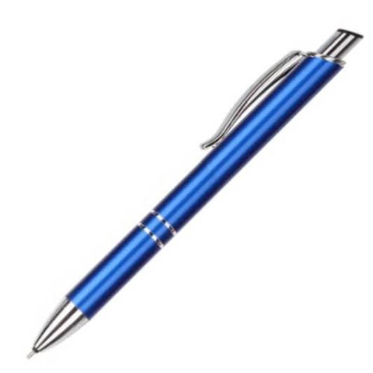 A blue pen with a glossy finish and chrome details, featuring a clip and a sleek design.