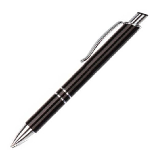 A black metal pen with chrome accents and a sleek design. It features a clip and a logo.