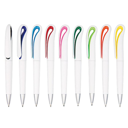 A row of ten plastic pens in white with colourful clip designs in blue, red, pink, green, and yellow. Each pen has a logo.