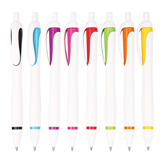 A row of white plastic pens in various colours, including black, blue, pink, red, green, and orange, with a logo.